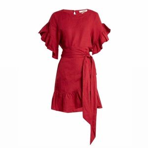 ISABEL MARANT ETOILE DELICIA RUFFLE LINEN WRAP DRESS, RED